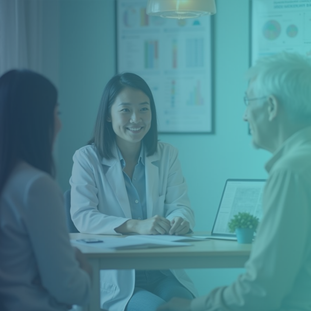 Especialista em Geriatria atendendo paciente com Alzheimer e familiar