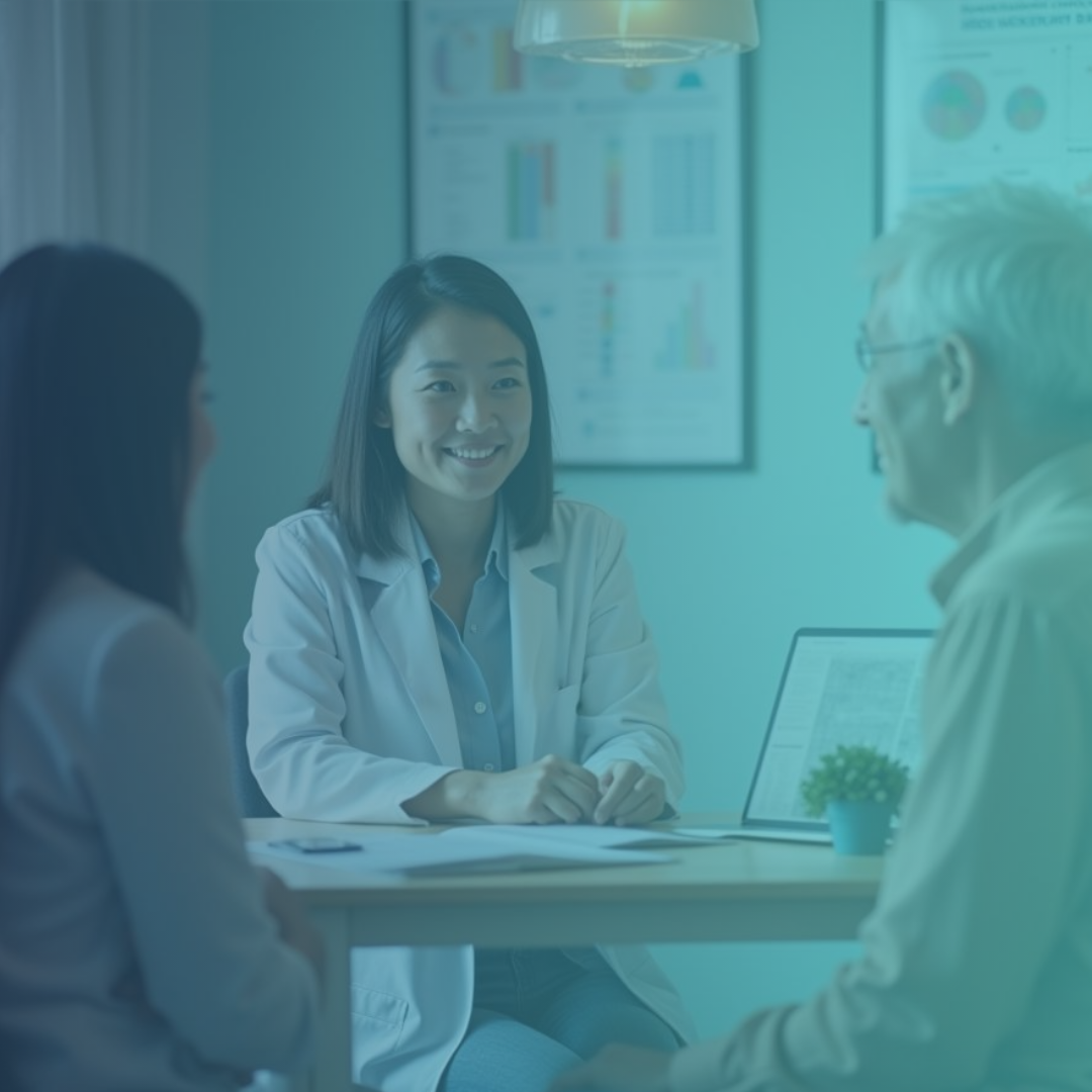 Especialista em Geriatria atendendo paciente com Alzheimer e familiar
