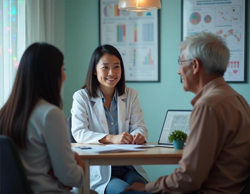 Especialista em Geriatria atendendo paciente com Alzheimer e familiar