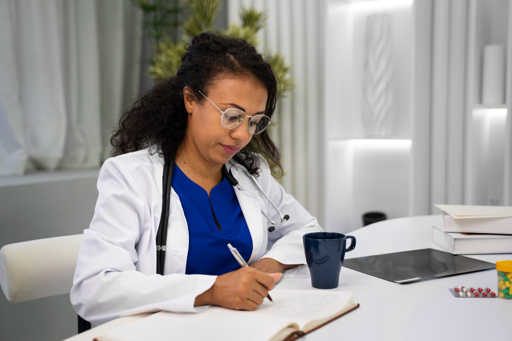 Médica lendo exame
