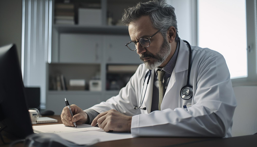 Um médico do trabalho preenchendo formulários em sua mesa.