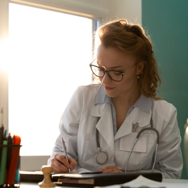 Médica se preparando para atender